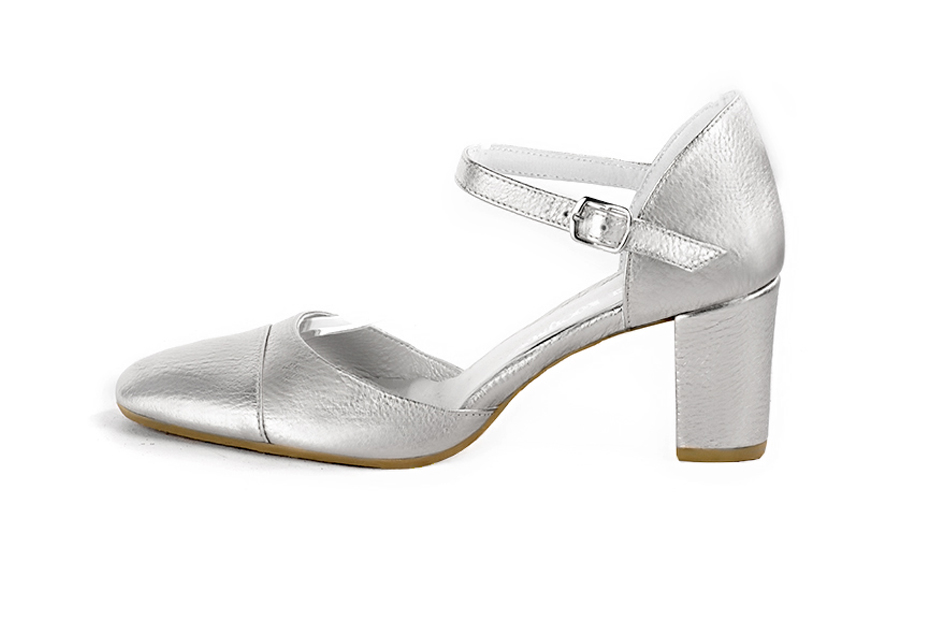 Silver open side elegant shoes, with an instep strap. Round toe. Medium block heels. - Florence KOOIJMAN